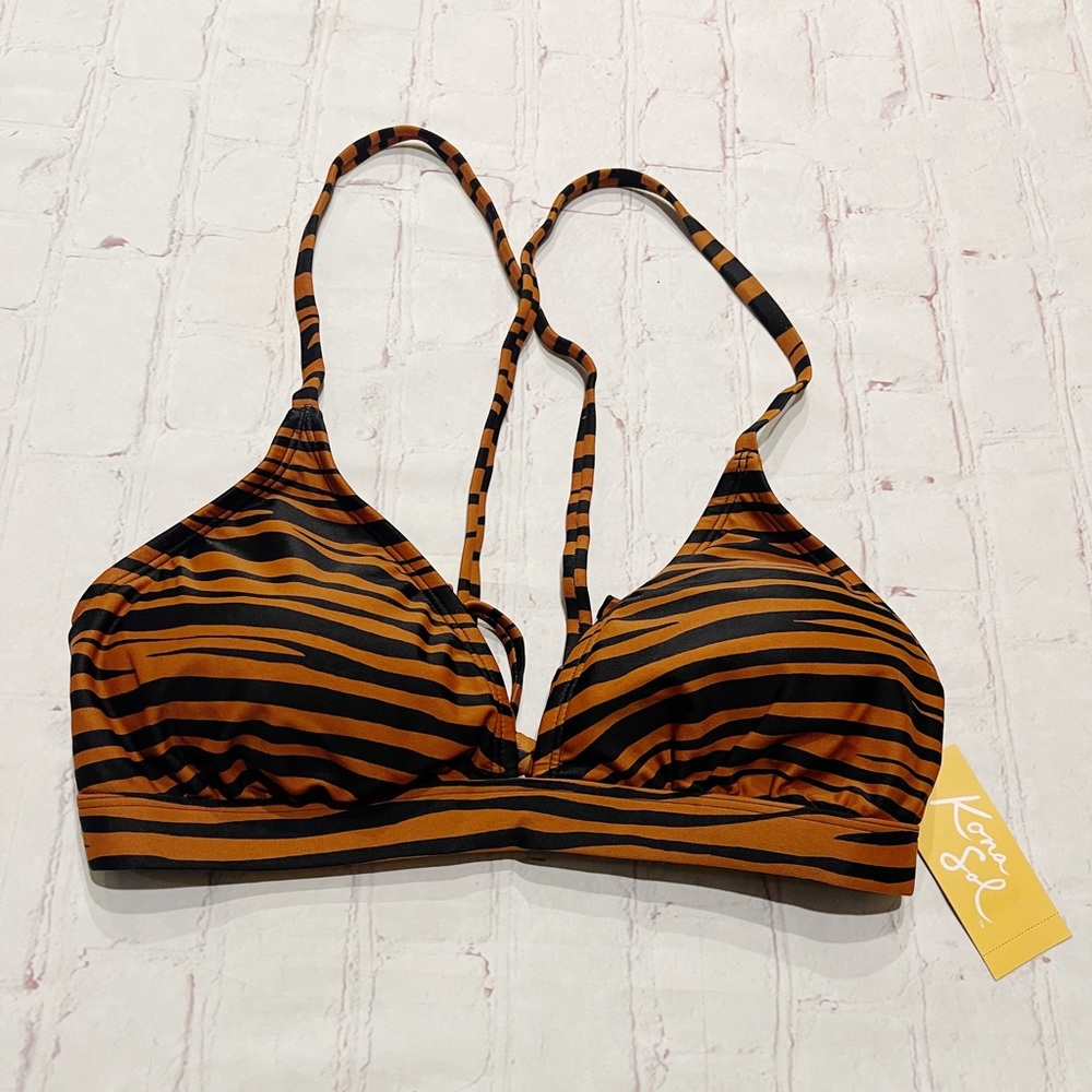[Kona Sol] NWT Brown and black zebra stripe bikini swim top MEDIUM